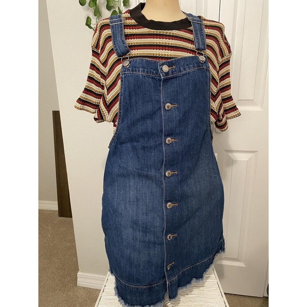American Eagle Frayed Button Down Denim Jean Skirt Bib Overalls Size M Pockets